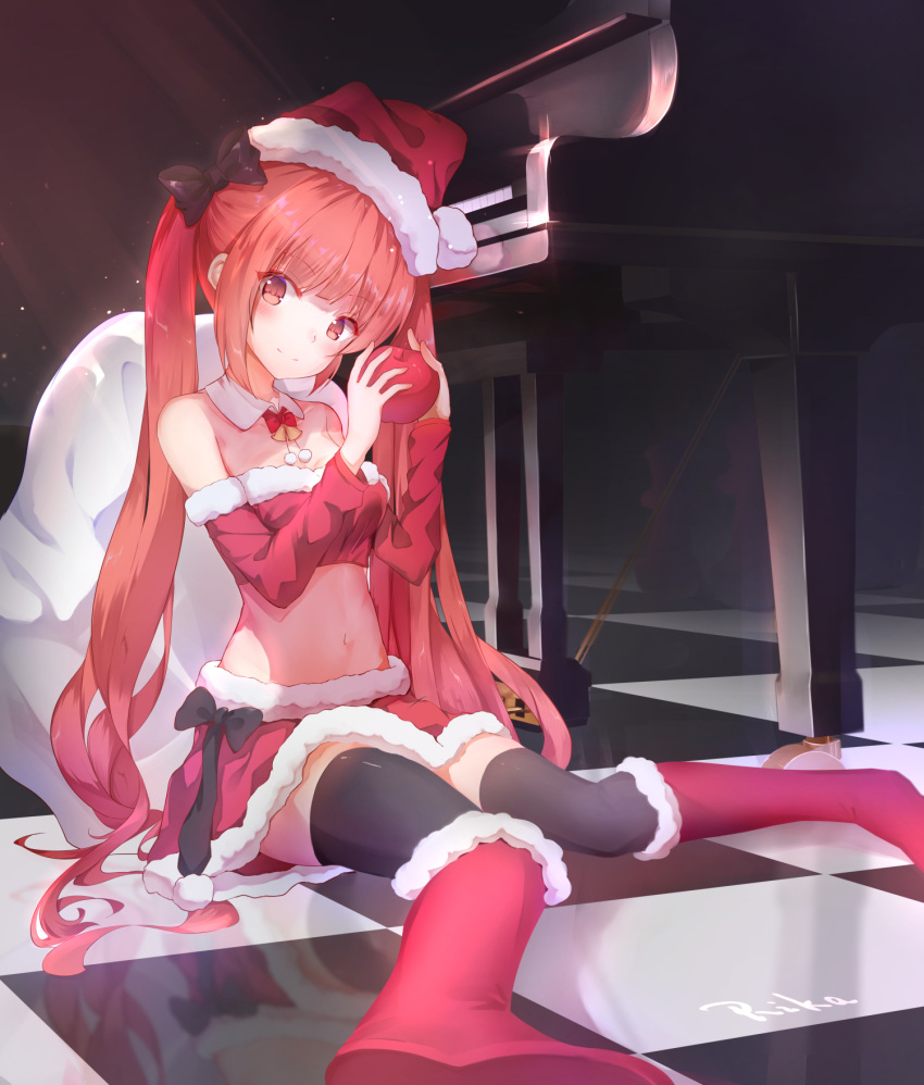 1girl, apple, artist_name, bangs, bare_shoulders, bell, black_bow, black_legwear