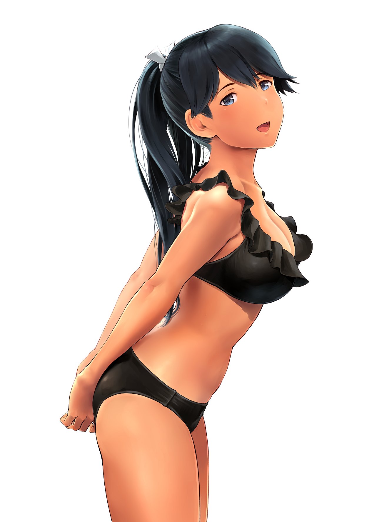 1girl, alternate_costume, bikini, black_bikini, black_hair, blue_eyes, blush, breasts