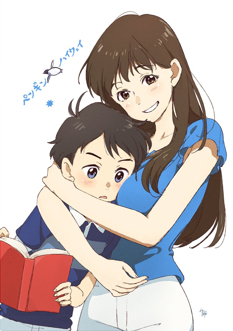 1boy, 1girl, aoyama-kun_(penguin_highway), bangs, blue_eyes, blue_shirt, blush, book