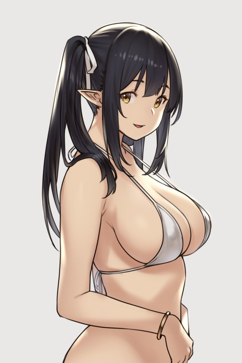 1girl, bangs, bare_shoulders, black_hair, blush, bracelet, breasts, cleavage