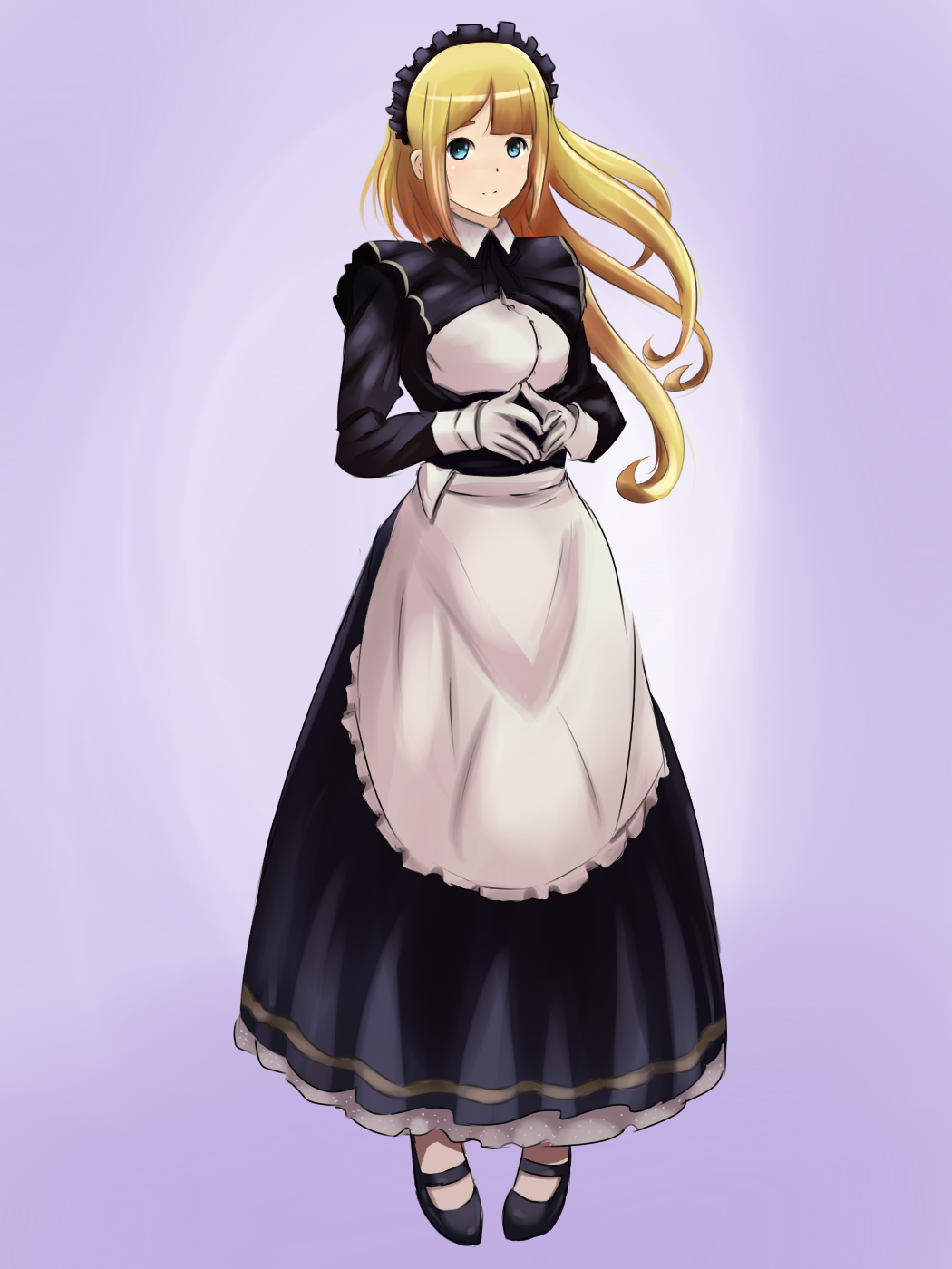 1girl, apron, bangs, black_footwear, black_shirt, black_skirt, blonde_hair, blue_background