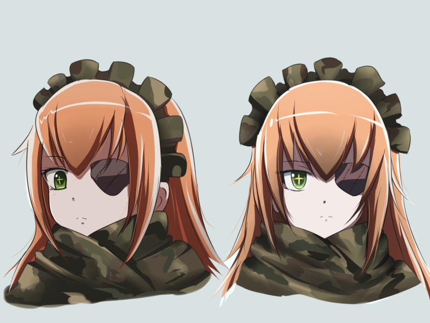 1girl, brown_hair, camouflage, cz2128_delta, expressionless, eyepatch, green_eyes, grey_background