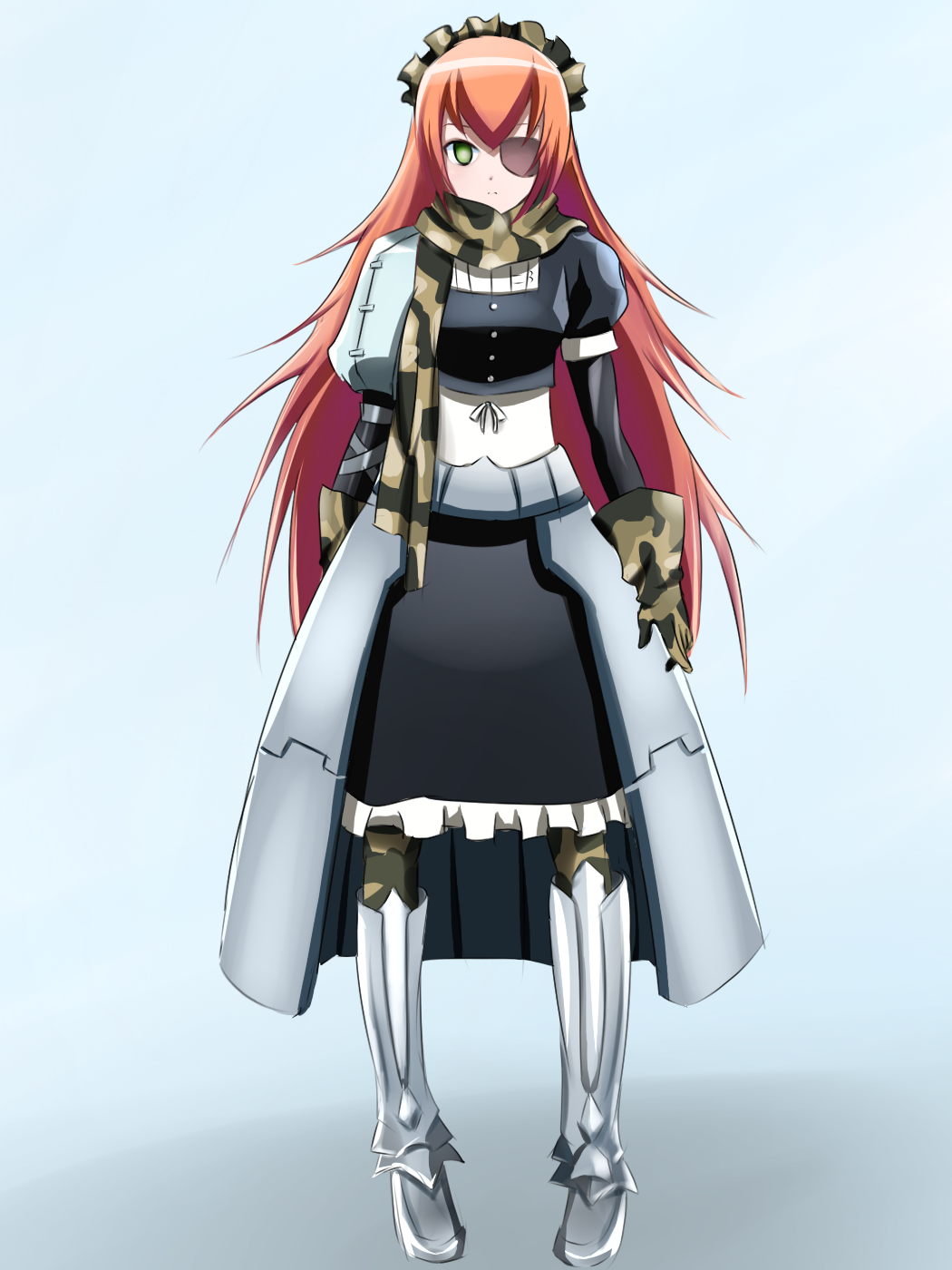 1girl, armor, armored_boots, black_shirt, black_skirt, boots, brown_hair, camouflage