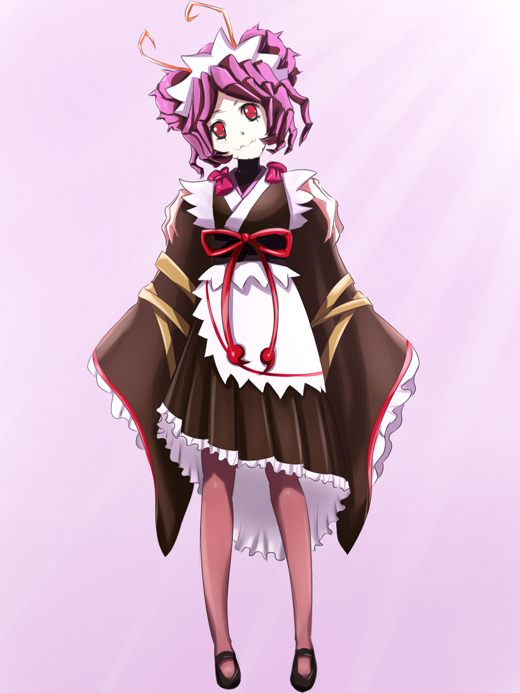 1girl, antennae, apron, black_kimono, black_skirt, entoma_vasilissa_zeta, frilled_skirt, frilled_sleeves