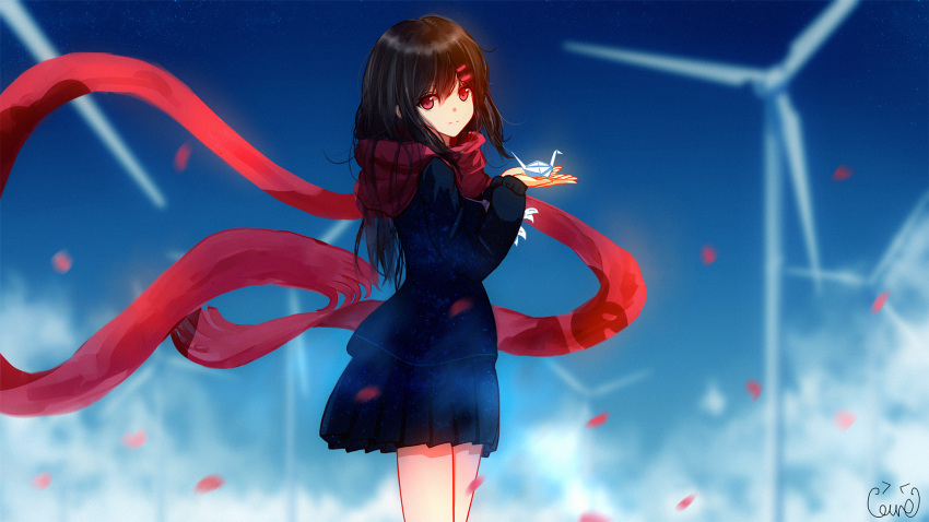1girl, black_hair, black_skirt, black_sweater, blue_sky, blurry, blurry_background, from_side