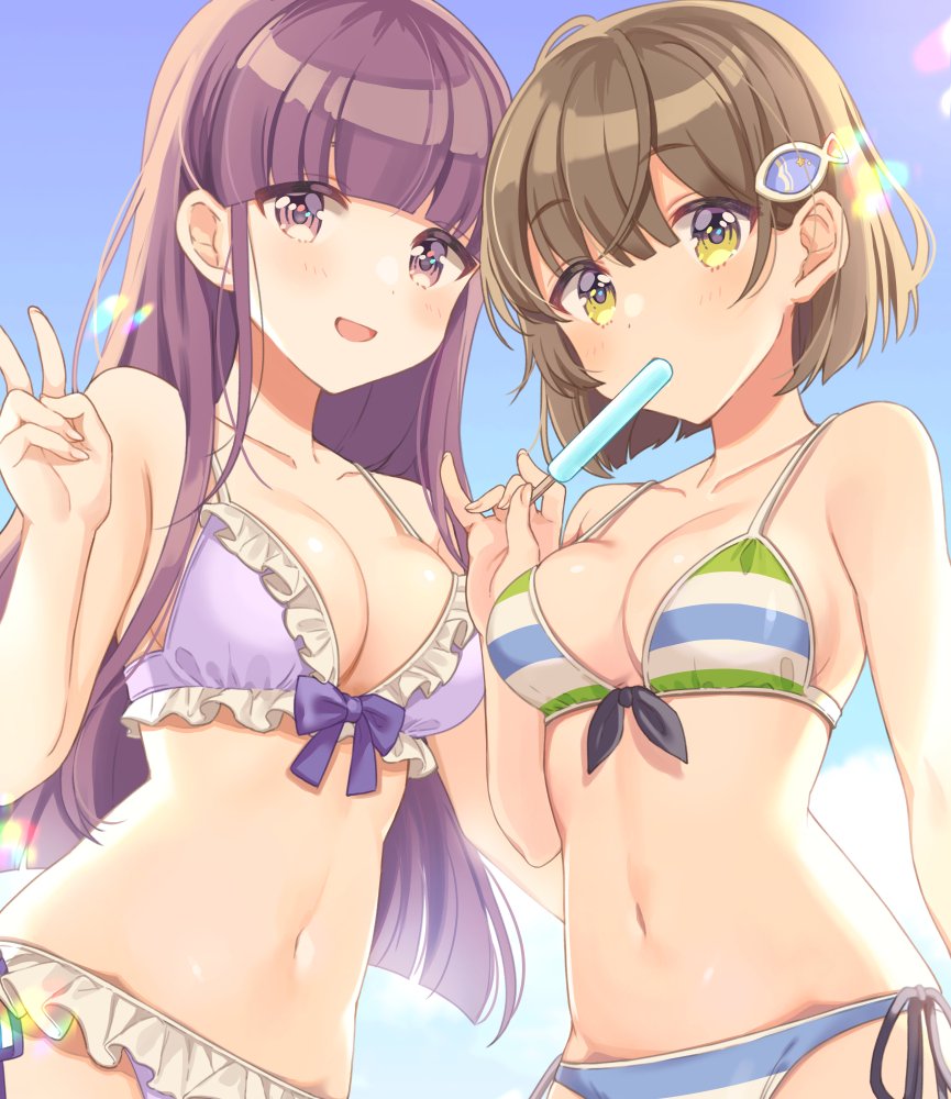 2girls, :d, arai_minamo, bangs, bikini, blue_sky, blunt_bangs, blush