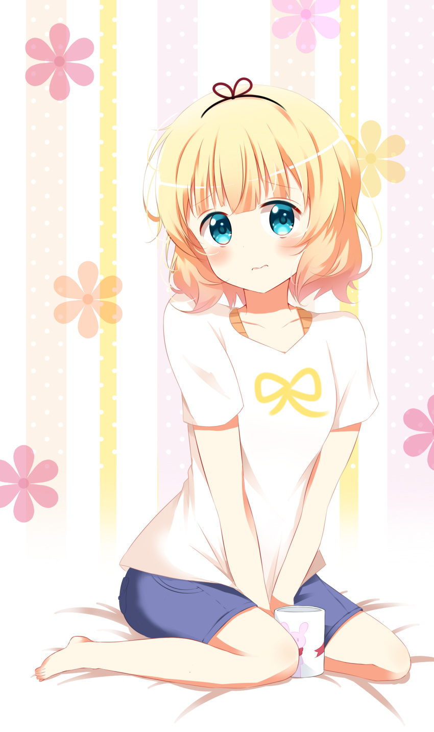 1girl, absurdres, bangs, barefoot, bed_sheet, between_legs, black_ribbon, blonde_hair