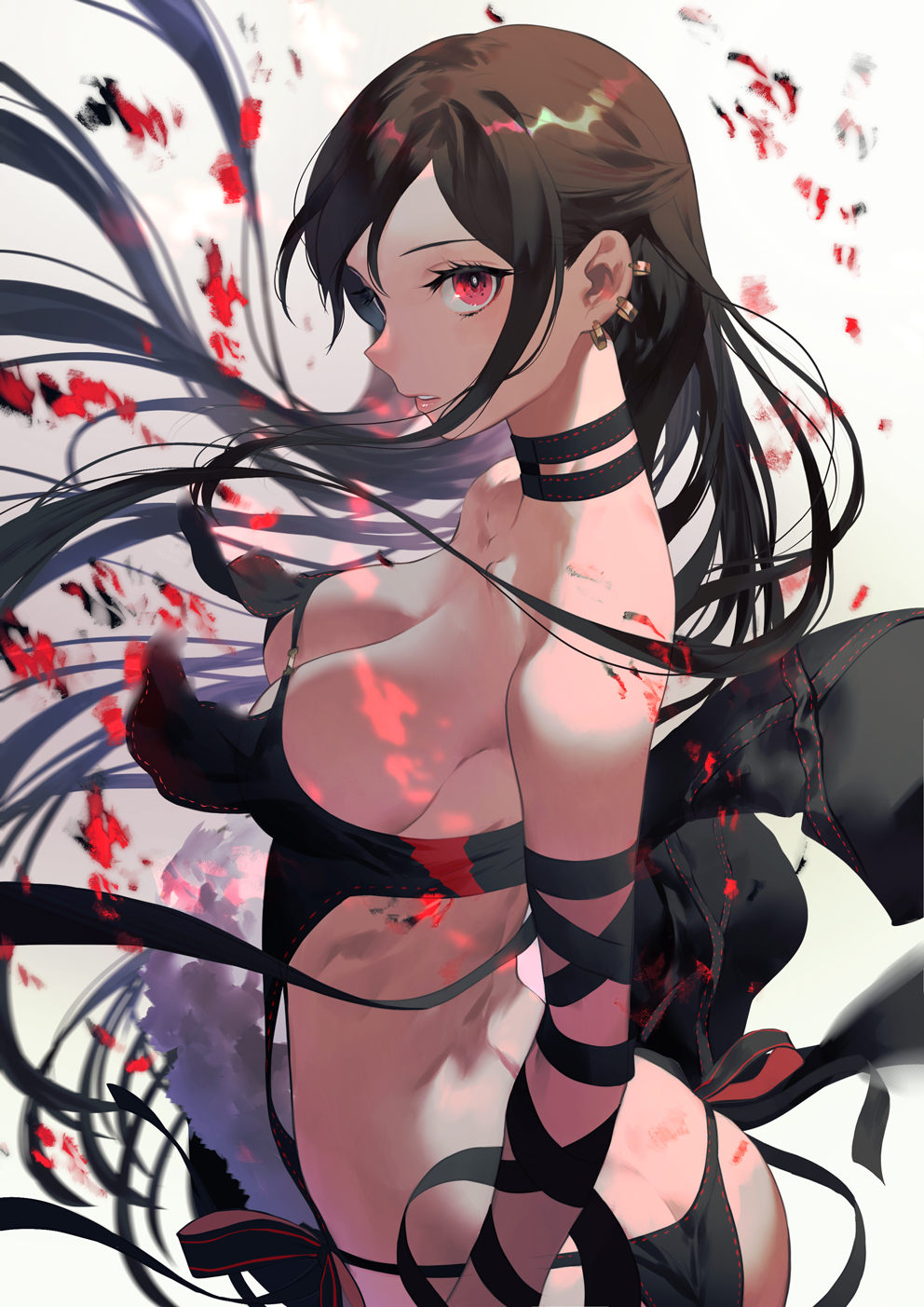 1girl, ass, bangs, bare_shoulders, black_dress, breasts, brown_hair, center_opening