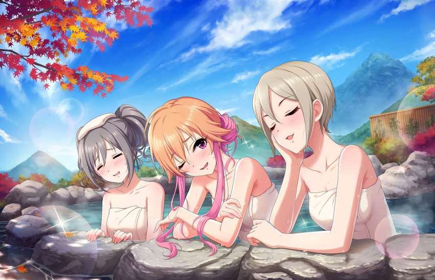 3girls, artist_request, autumn, autumn_leaves, bangs, bathing, blush, closed_eyes, clouds, collarbone, dark_illuminate, day, eyebrows_visible_through_hair, grey_hair, hair_between_eyes, highres, idolmaster, idolmaster_cinderella_girls, idolmaster_cinderella_girls_starlight_stage, kanzaki_ranko, leaf, long_hair, maple_leaf, mountain, multicolored_hair, multiple_girls, naked_towel, nature, ninomiya_asuka, official_art, onsen, open_mouth, orange_hair, outdoors, parted_bangs, partially_submerged, pink_eyes, raised_eyebrows, rock, scenery, shiomi_shuuko, short_hair, sky, smile, sunlight, sweat, tied_hair, towel, towel_on_head, tree, two-tone_hair, violet_eyes, water