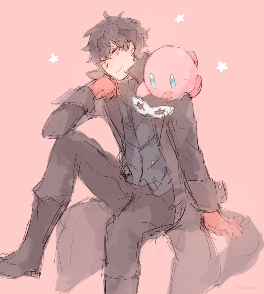 amamiya_ren, batensan, black_hair, blue_eyes, gloves, highres, kirby, kirby_(series)