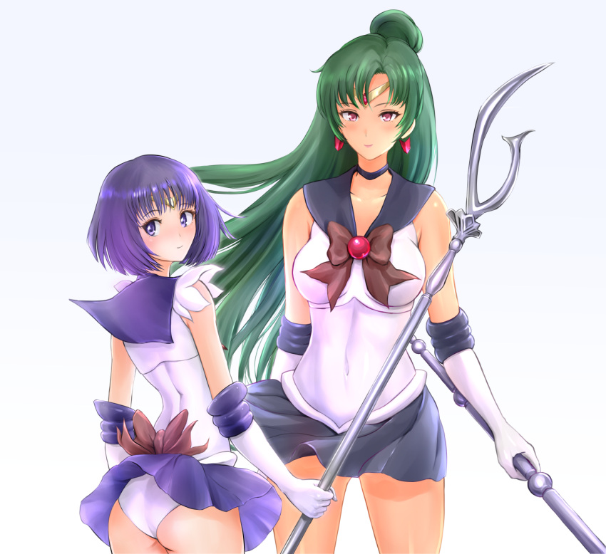 2girls, age_difference, ass, ass_visible_through_thighs, bare_shoulders, bishoujo_senshi_sailor_moon, bow, choker