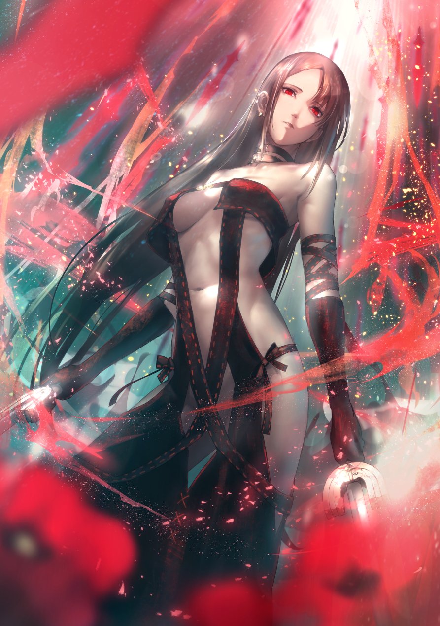 1girl, arm_strap, bangs, bare_shoulders, black_dress, black_gloves, blurry, blurry_foreground