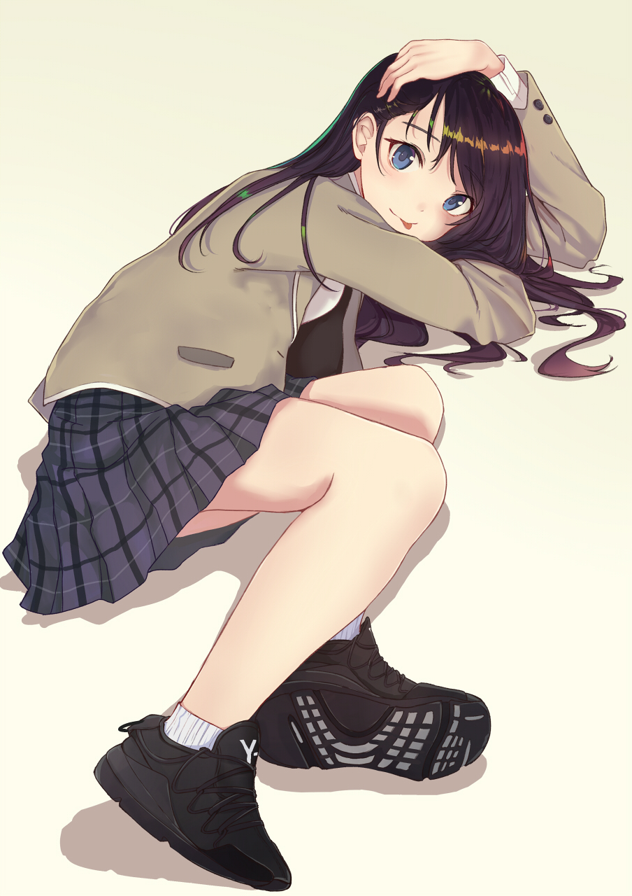 1girl, :p, arm_up, bangs, black_footwear, black_hair, black_skirt, blazer