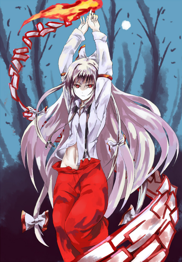 element_bender, fire, fujiwara_no_mokou, long_hair, ribbon, ribbons, shiba_murashouji, silver_hair