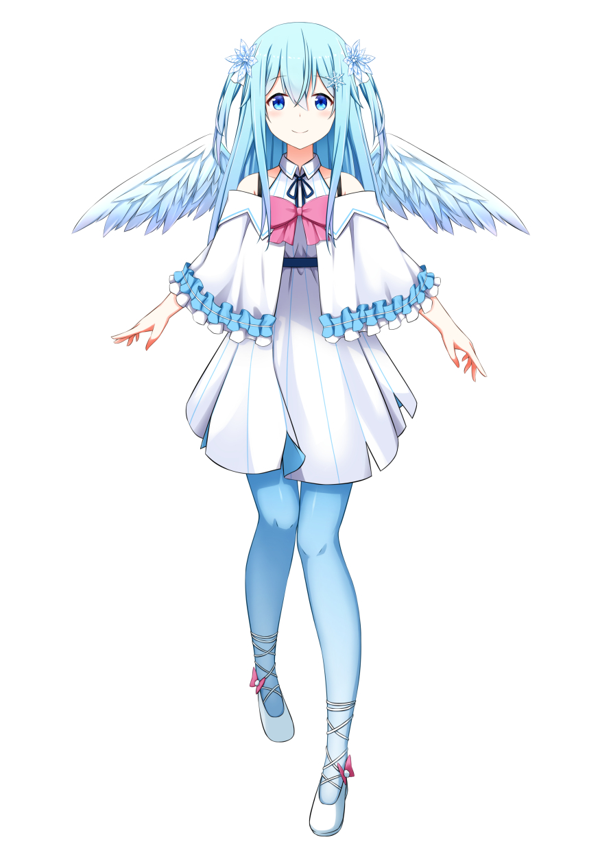 1girl, angel, angel_wings, aoi_thomas, bangs, bare_shoulders, black_ribbon, blue_eyes