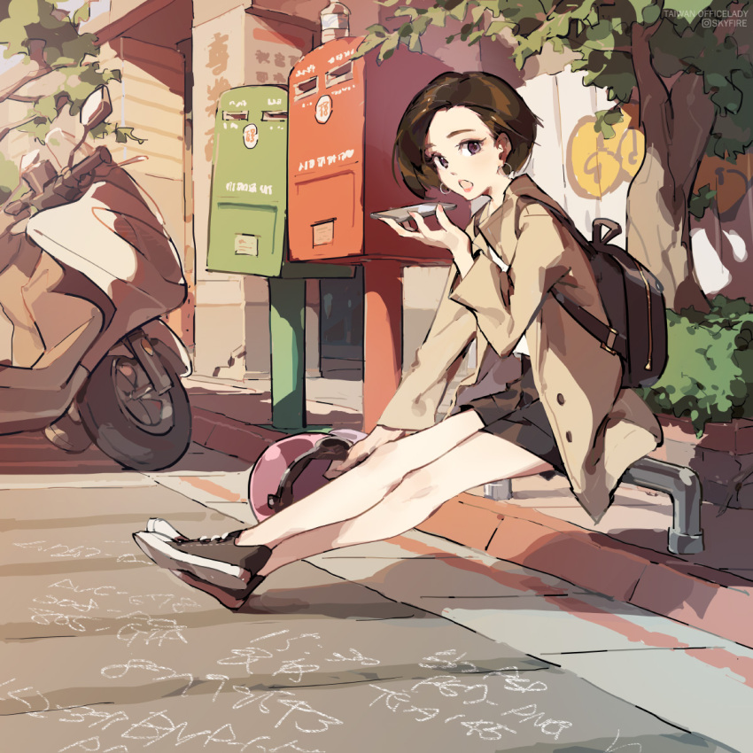 1girl, :o, backpack, bag, brown_coat, brown_hair, cellphone, coat