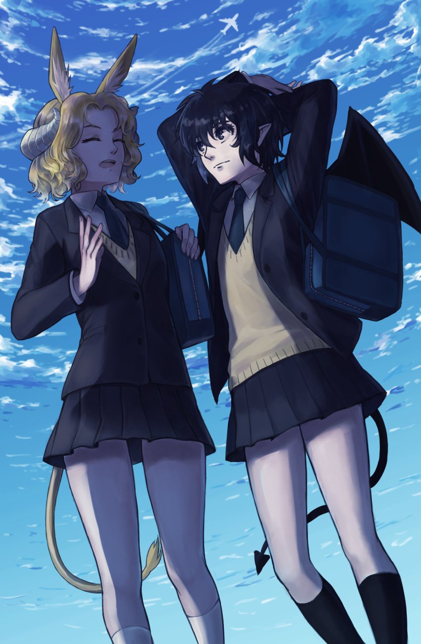 2girls, animal_ear_fluff, animal_ears, arms_behind_back, arms_up, bag, black_eyes, black_hair