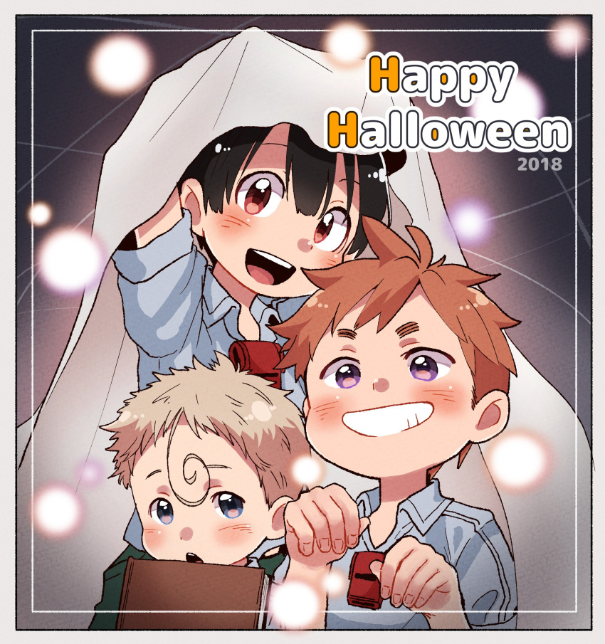 2018, 3boys, :d, absurdres, ahoge, black_hair, blonde_hair, blue_shirt