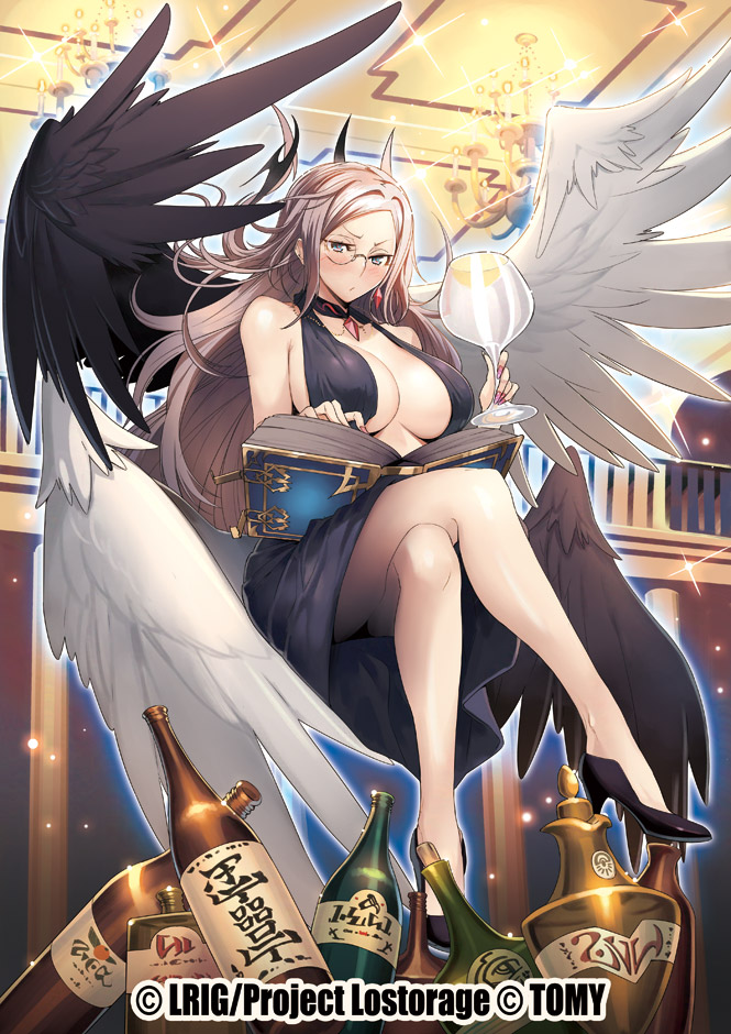 1girl, alcohol, black_collar, black_dress, black_footwear, black_wings, book, bottle