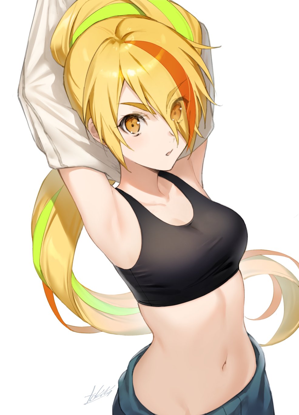 1girl, armpits, arms_up, blonde_hair, brown_eyes, collarbone, eyes_visible_through_hair, green_hair