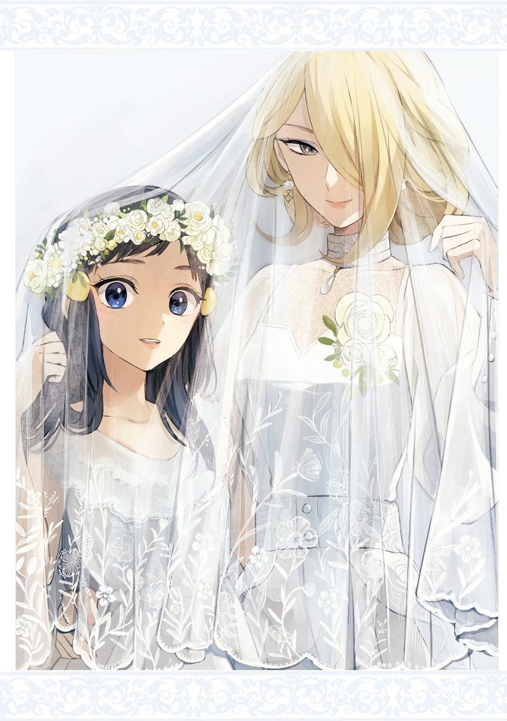 2girls, black_hair, blonde_hair, blue_eyes, bridal_veil, creatures_(company), dress, earrings