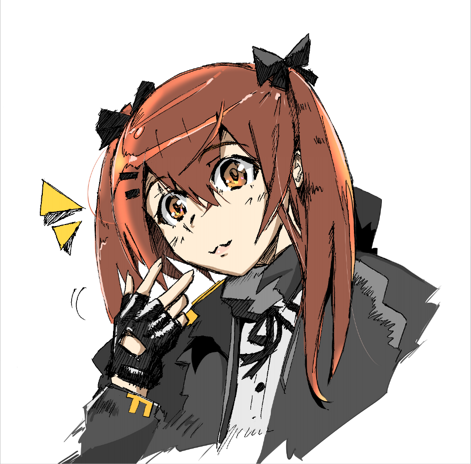 1girl, :3, black_gloves, brown_eyes, brown_hair, fingerless_gloves, girls_frontline, gloves, jacket, jamie_leano, looking_at_viewer, scarf, simple_background, solo, twintails, ump9_(girls_frontline), white_background