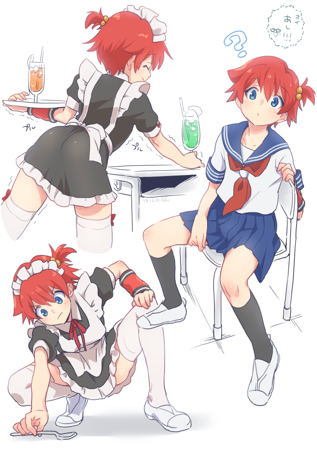 1boy, ?, alternate_costume, apron, ass, black_dress, black_legwear, blue_eyes