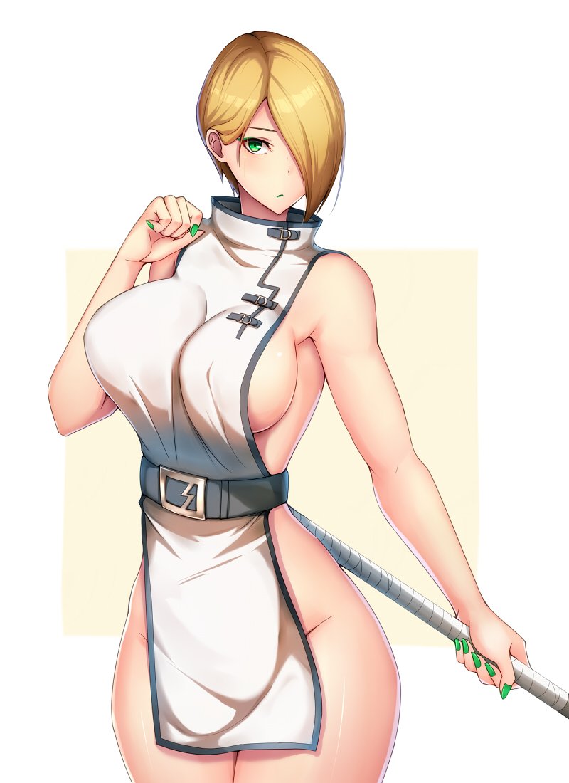 1girl, alternate_costume, backless_dress, backless_outfit, belt, blonde_hair, breasts, cowboy_shot, dress, falke_(street_fighter), green_eyes, green_lipstick, green_nails, groin, hair_over_one_eye, kamokatatsumuri, large_breasts, lipstick, looking_at_viewer, makeup, nail_polish, no_bra, no_panties, pelvic_curtain, short_dress, short_hair, sideboob, slender_waist, solo, staff, street_fighter, street_fighter_v