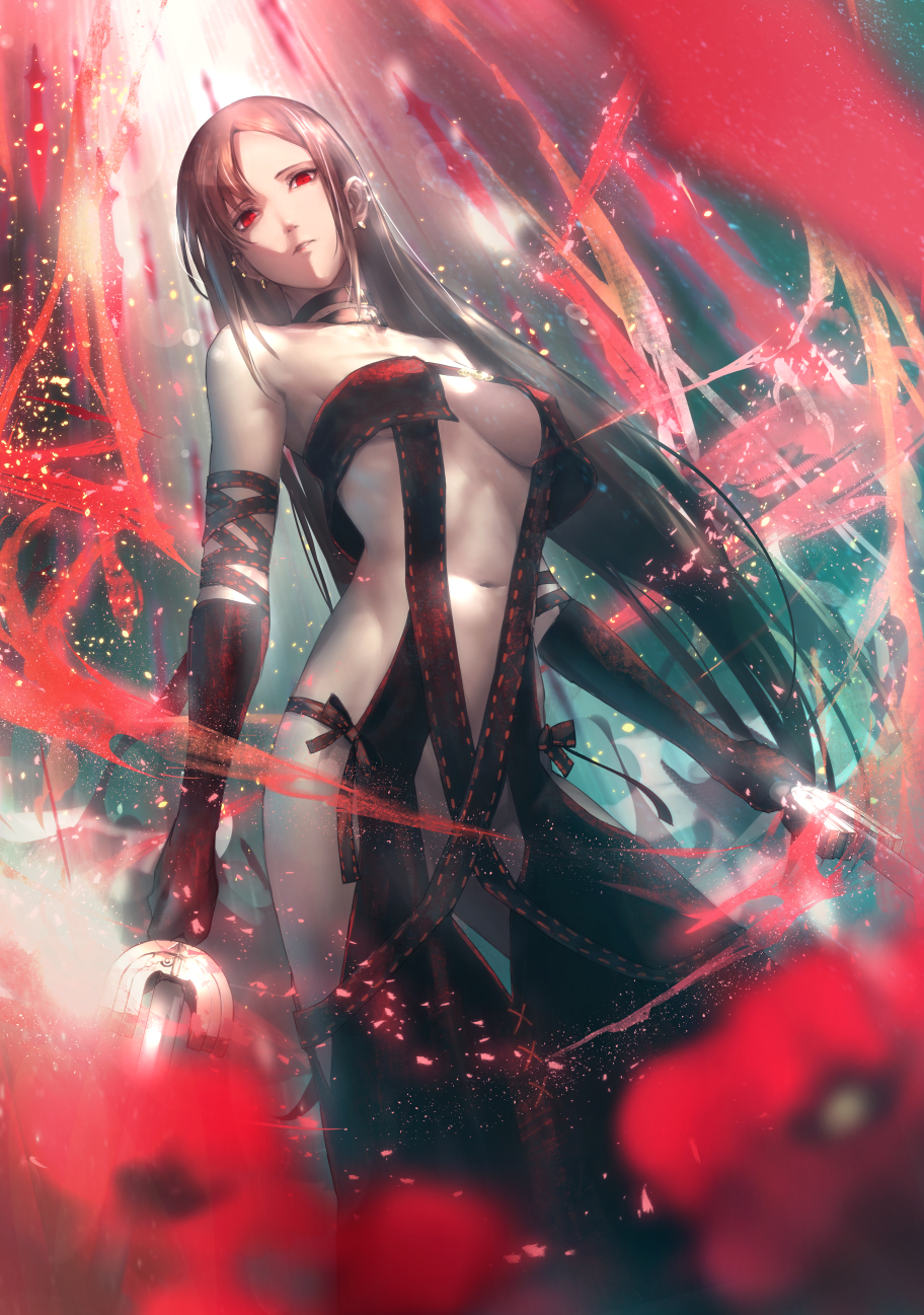 1girl, arm_strap, bangs, bare_shoulders, black_dress, black_gloves, blurry, blurry_foreground