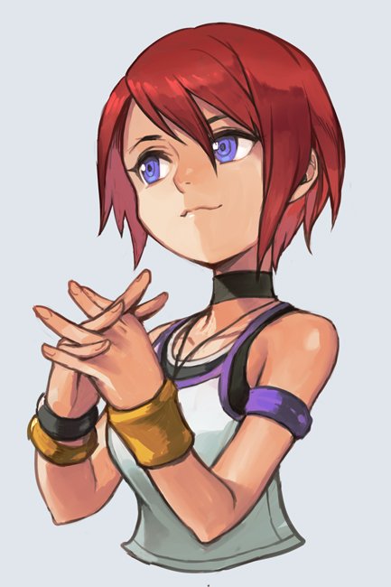 1girl, black_choker, blue_eyes, choker, cropped_torso, fingers_together, grey_background, hankuri