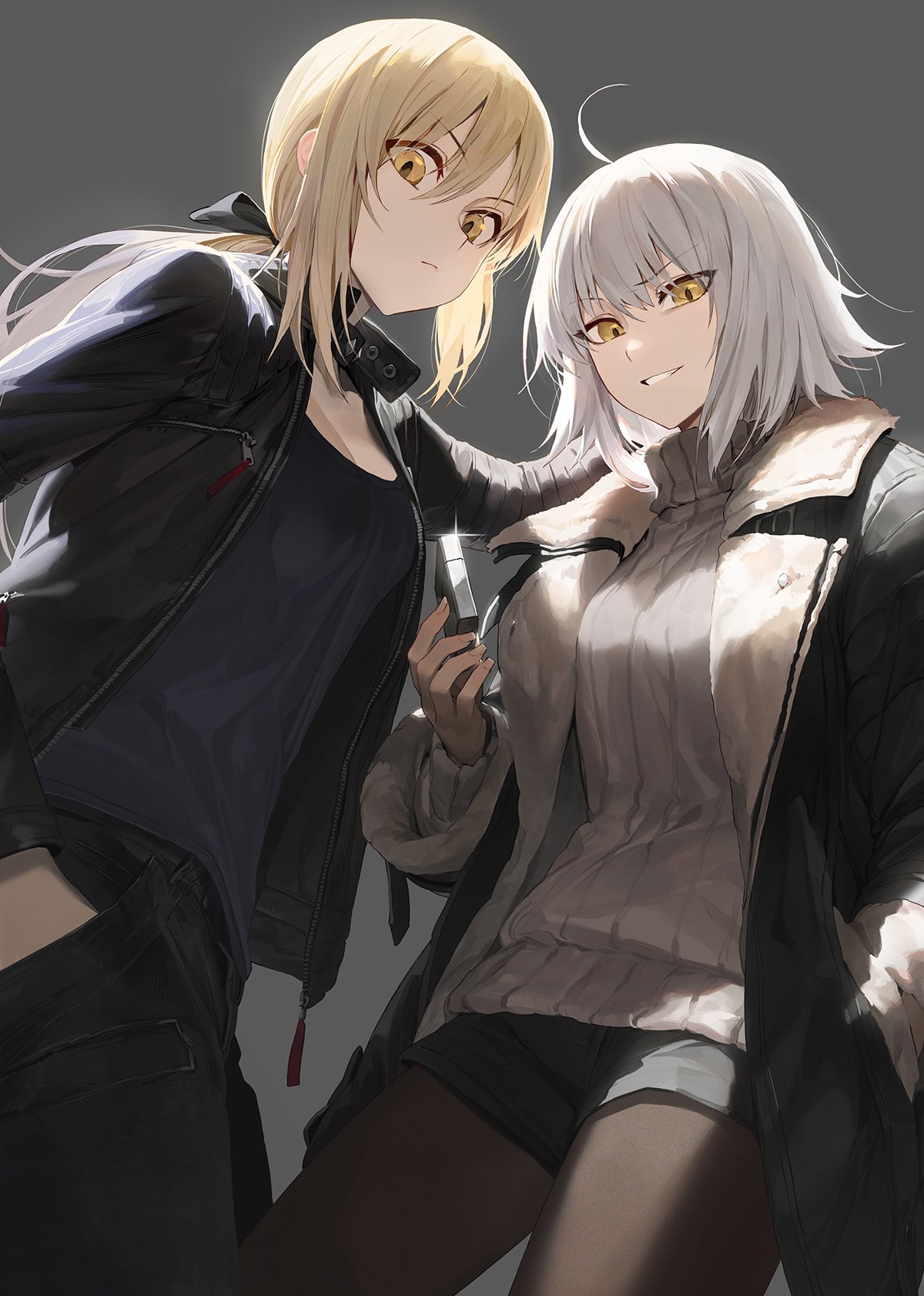 ahoge, artoria_pendragon_(all), bangs, black_jacket, black_jeans, black_ribbon, black_shirt, blonde_hair, breasts, cleavage, closed_mouth, commentary_request, eyebrows_visible_through_hair, fate/grand_order, fate_(series), grey_background, grin, hair_bun, highres, jacket, jeanne_d'arc_(alter)_(fate), jeanne_d'arc_(fate)_(all), large_breasts, lighter, mossi, pantyhose, pullover, ribbon, saber_alter, shirt, shorts, silver_hair, smile, tsurime, yellow_eyes, zippo_(object)