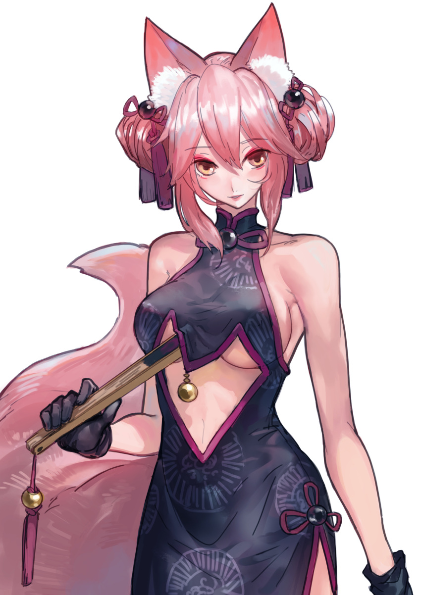 1girl, absurdres, animal_ears, bare_shoulders, black_gloves, breasts, center_opening, china_dress