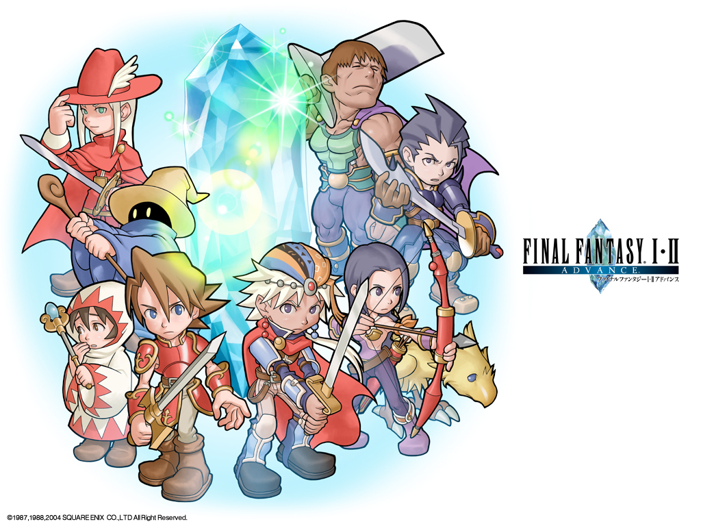1024x768, arrow, artist_request, black_mage, black_skin, blue_eyes, boots, bow_(weapon), brown_eyes, brown_hair, cape, chibi, chocobo, cloak, closed_eyes, crystal, dark_skin, final_fantasy, final_fantasy_i, final_fantasy_ii, frioniel, gloves, green_eyes, grey_eyes, guy, guy_(ff2), hat, leonhart, long_hair, maria, maria_(ff2), official_art, open_mouth, purple_eyes, purple_hair, red_mage, robe, short_hair, staff, sword, violet_eyes, wallpaper, warrior, warrior_of_light, weapon, white_hair, white_mage, witch_hat, yellow_eyes