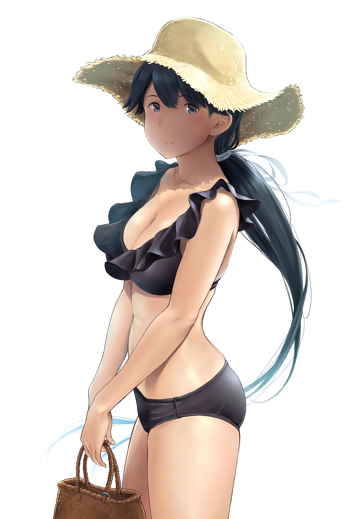 1girl, alternate_costume, arms_behind_back, bag, bikini, black_bikini, black_hair, blue_eyes