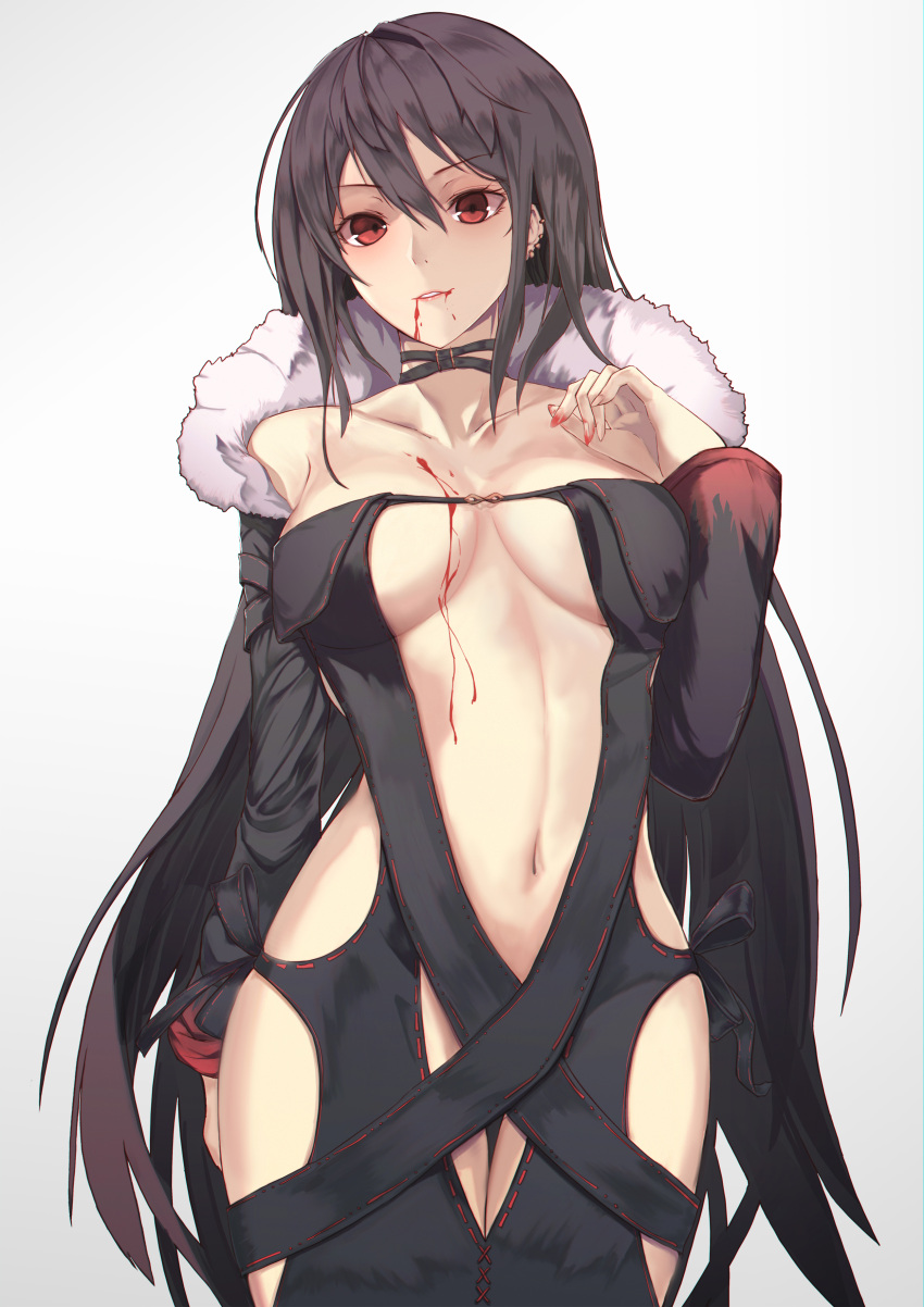 1girl, absurdres, black_choker, black_dress, black_hair, blood, breasts, breasts_apart