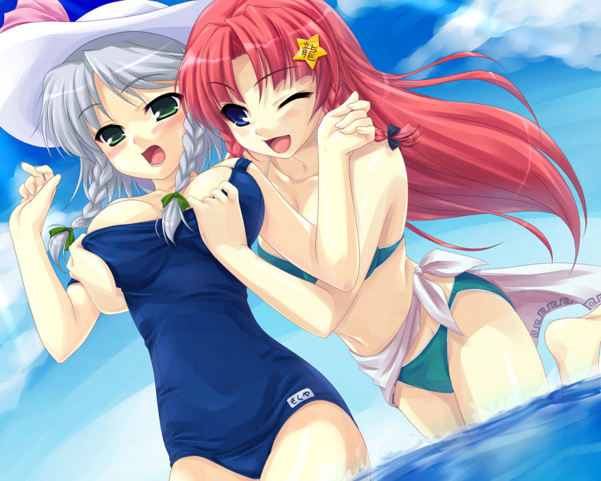 hat, hong_meiling, izayoi_sakuya, long_hair, ocean, one-piece_swimsuit, red_hair, redhead