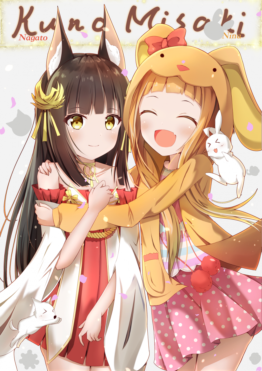 >_<, 2girls, :d, ^_^, animal_ears, bare_shoulders, black_hair, brown_hair