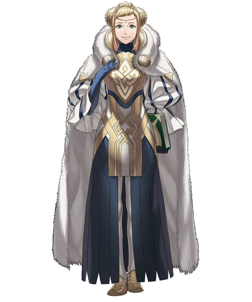 1girl, blonde_hair, blue_gloves, book, cape, closed_mouth, double_bun, dress