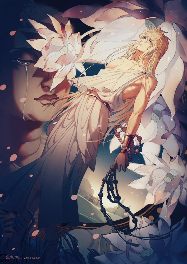 androgynous, beads, blonde_hair, blue_eyes, buddha, crying, fishghost, flower