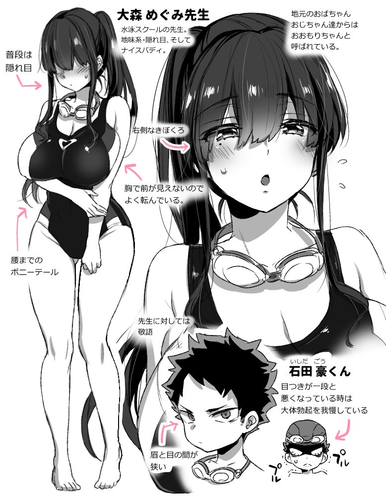 1boy, bangs, barefoot, blush, breasts, cleavage, goggles, goggles_around_neck