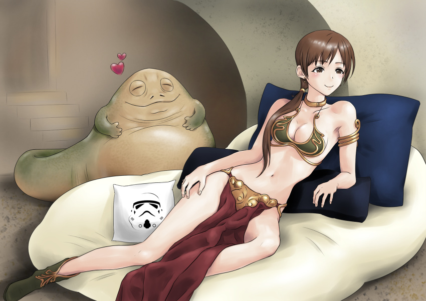 1girl, armlet, boots, breasts, brown_eyes, brown_hair, cleavage, collar, commentary_request, cosplay, earrings, hair_over_shoulder, heart, highres, idolmaster, idolmaster_cinderella_girls, jabba_the_hutt, jewelry, light_blush, long_hair, looking_at_viewer, lying, medium_breasts, navel, nitta_minami, on_side, pelvic_curtain, pillow, pleiades_(sting7712), ponytail, princess_leia_organa_solo, princess_leia_organa_solo_(cosplay), smile, star_wars, stormtrooper