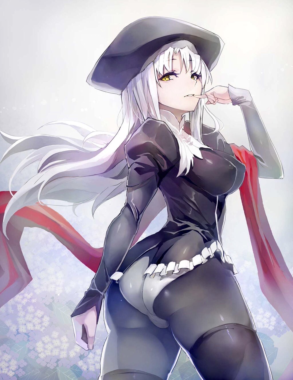 1girl, ass, black_legwear, breasts, caren_hortensia, fate/hollow_ataraxia, fate_(series), finger_to_mouth, flower, frills, highres, impossible_clothes, large_breasts, layered_sleeves, long_hair, long_sleeves, looking_at_viewer, panties, panties_under_pantyhose, pantyhose, revision, shroud_of_magdalene, silver_hair, solo, taishi_(picchiridou), thick_thighs, thigh-highs, thighhighs_under_pantyhose, thighs, underwear, white_panties, yellow_eyes