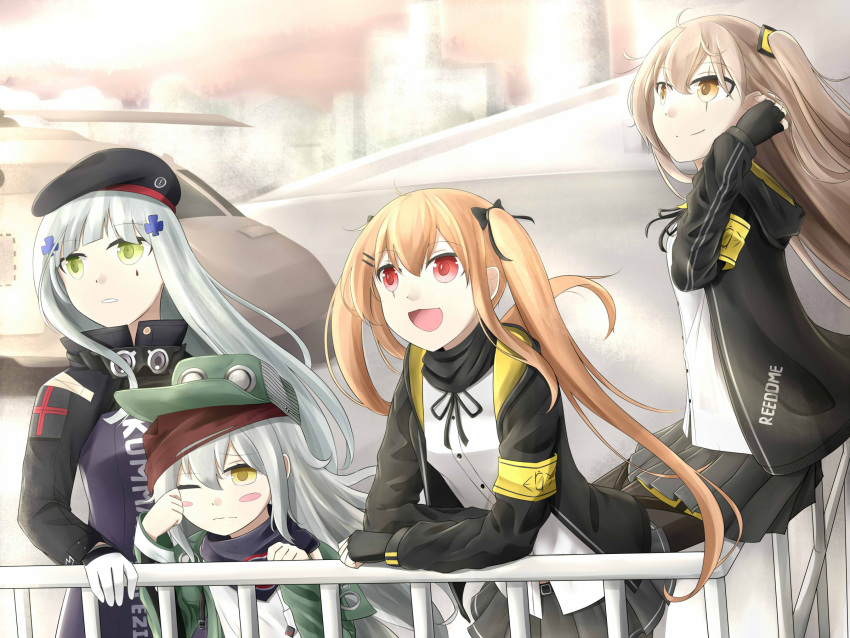 404_(girls_frontline), 4girls, adjusting_hair, armband, bangs, belt, beret, black_bow, black_hat, black_jacket, black_legwear, black_ribbon, blunt_bangs, bow, brown_eyes, brown_hair, closed_mouth, coat, commentary_request, crossed_bangs, eyebrows_visible_through_hair, facial_mark, fingerless_gloves, g11_(girls_frontline), girls_frontline, gloves, green_eyes, green_hat, green_jacket, hair_ornament, hairclip, hat, highres, hk416_(girls_frontline), hood, hood_down, hooded_jacket, jacket, long_hair, looking_to_the_side, messy_hair, multiple_girls, one_eye_closed, one_side_up, open_clothes, open_coat, open_jacket, open_mouth, pantyhose, parted_lips, plaid, plaid_skirt, red_eyes, ribbon, scar, scar_across_eye, scarf_on_head, shirt, shoulder_cutout, simple_background, skirt, smile, teardrop, ump45_(girls_frontline), ump9_(girls_frontline), veil13, white_hair, white_shirt, yellow_eyes