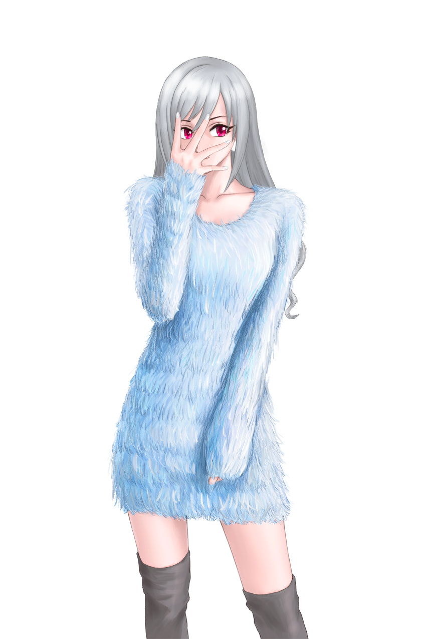 1girl, black_legwear, blue_dress, dress, eyelashes, fur, grey_hair, hand_over_face, highres, idolmaster, idolmaster_cinderella_girls, idolmaster_cinderella_girls_starlight_stage, kanzaki_ranko, long_hair, long_sleeves, looking_at_viewer, pleiades_(sting7712), red_eyes, short_dress, simple_background, solo, thigh-highs, white_background