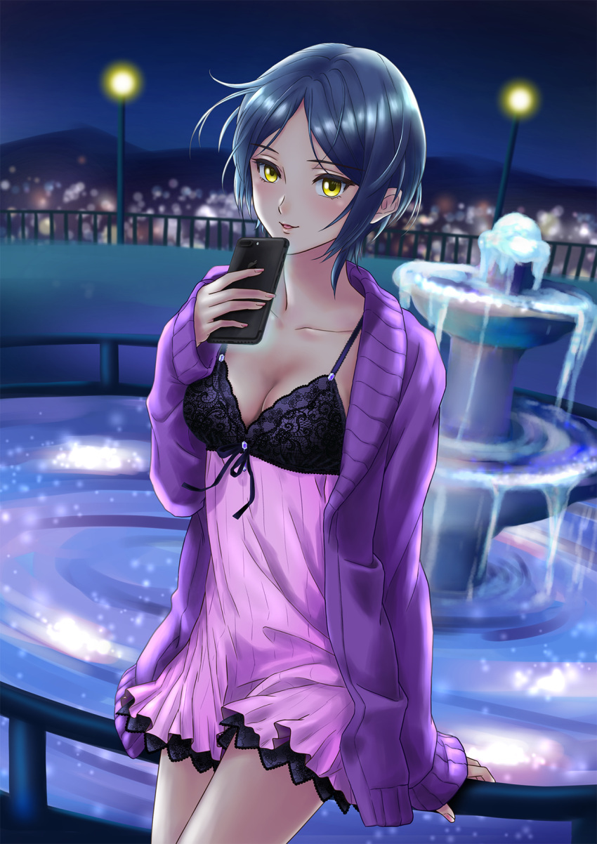 1girl, blue_hair, breasts, cellphone, cleavage, collarbone, commentary_request, fountain