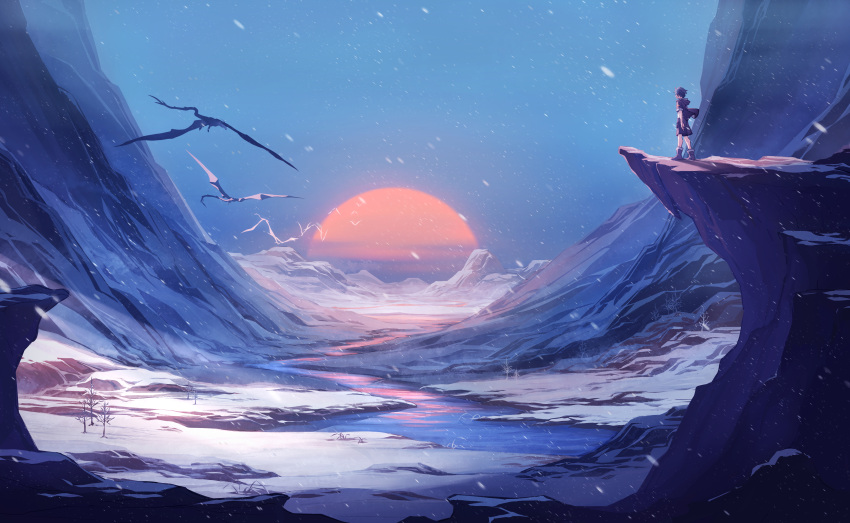 1boy, absurdres, arsh_(thestarwish), bare_tree, blue_hair, blue_jacket, blue_sky, boots
