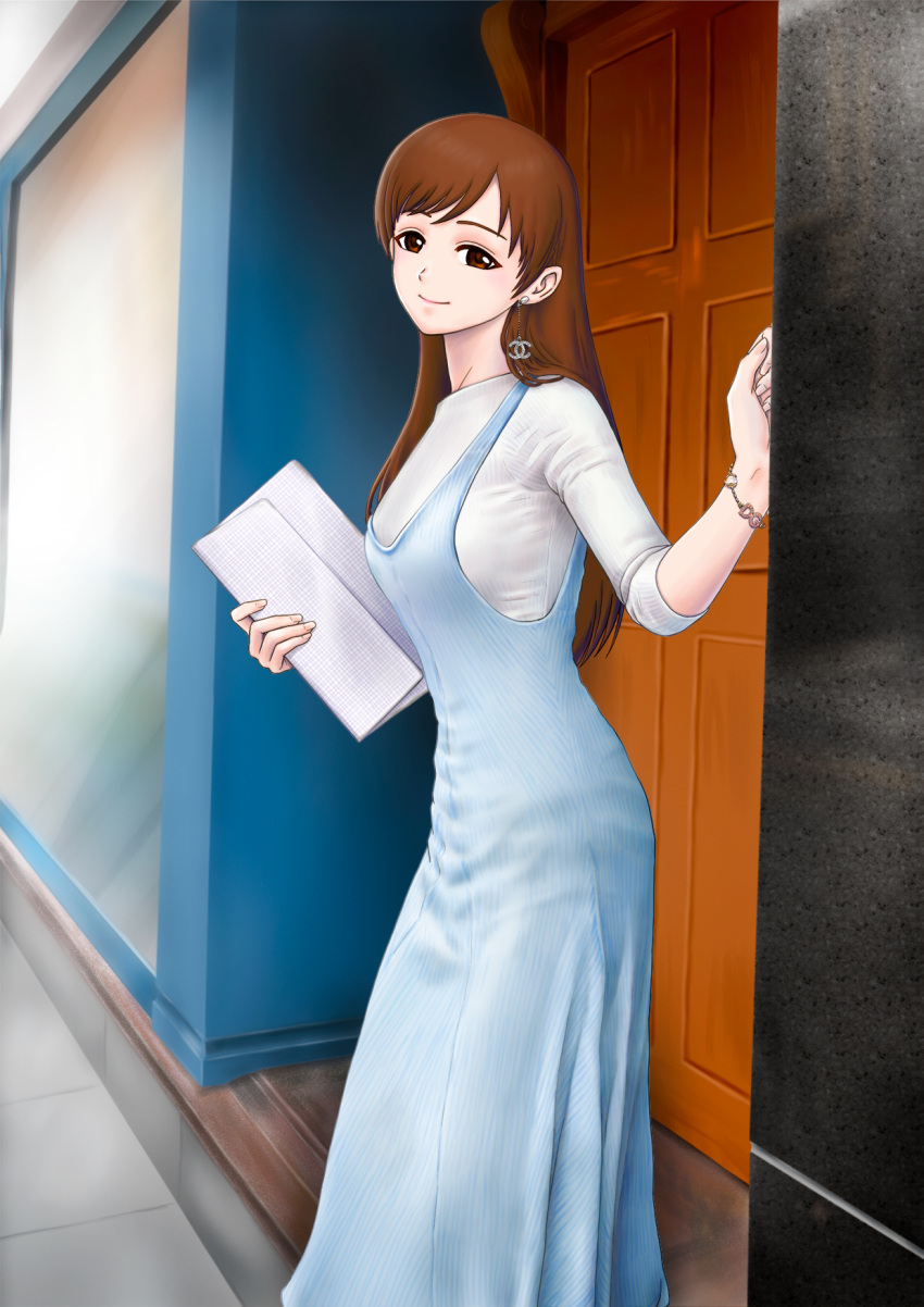 1girl, bag, blue_dress, bracelet, breasts, brown_eyes, brown_hair, commentary_request
