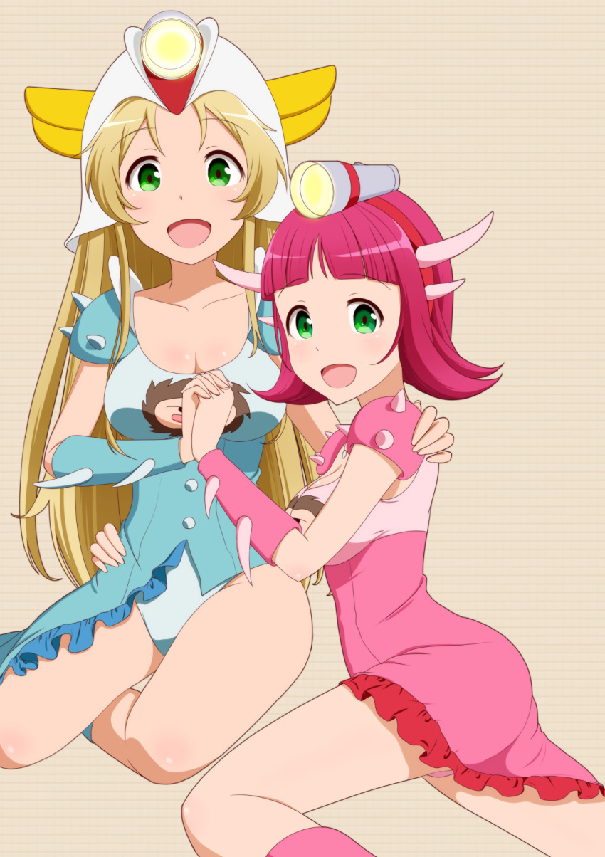 2girls, :d, bangs, blonde_hair, blunt_bangs, breasts, brown_background, cleavage, flashlight, green_eyes, grenda-san, hand_around_shoulder, hand_around_waist, hand_holding, highres, long_hair, looking_at_viewer, lorelai_yoko, medium_breasts, multiple_girls, open_mouth, parted_bangs, pink_hair, pink_legwear, robot_girls_z, shigoto_manblue, short_hair, sitting, smile, spikes, ufo_robo_grendizer, very_long_hair