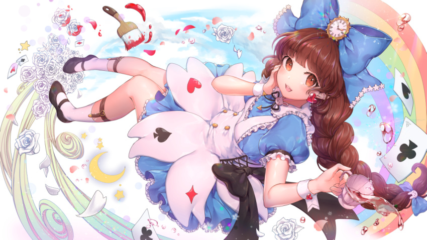 1girl, alice_in_wonderland, black_bow, black_footwear, blue_bow, blue_dress, blue_sky, bow