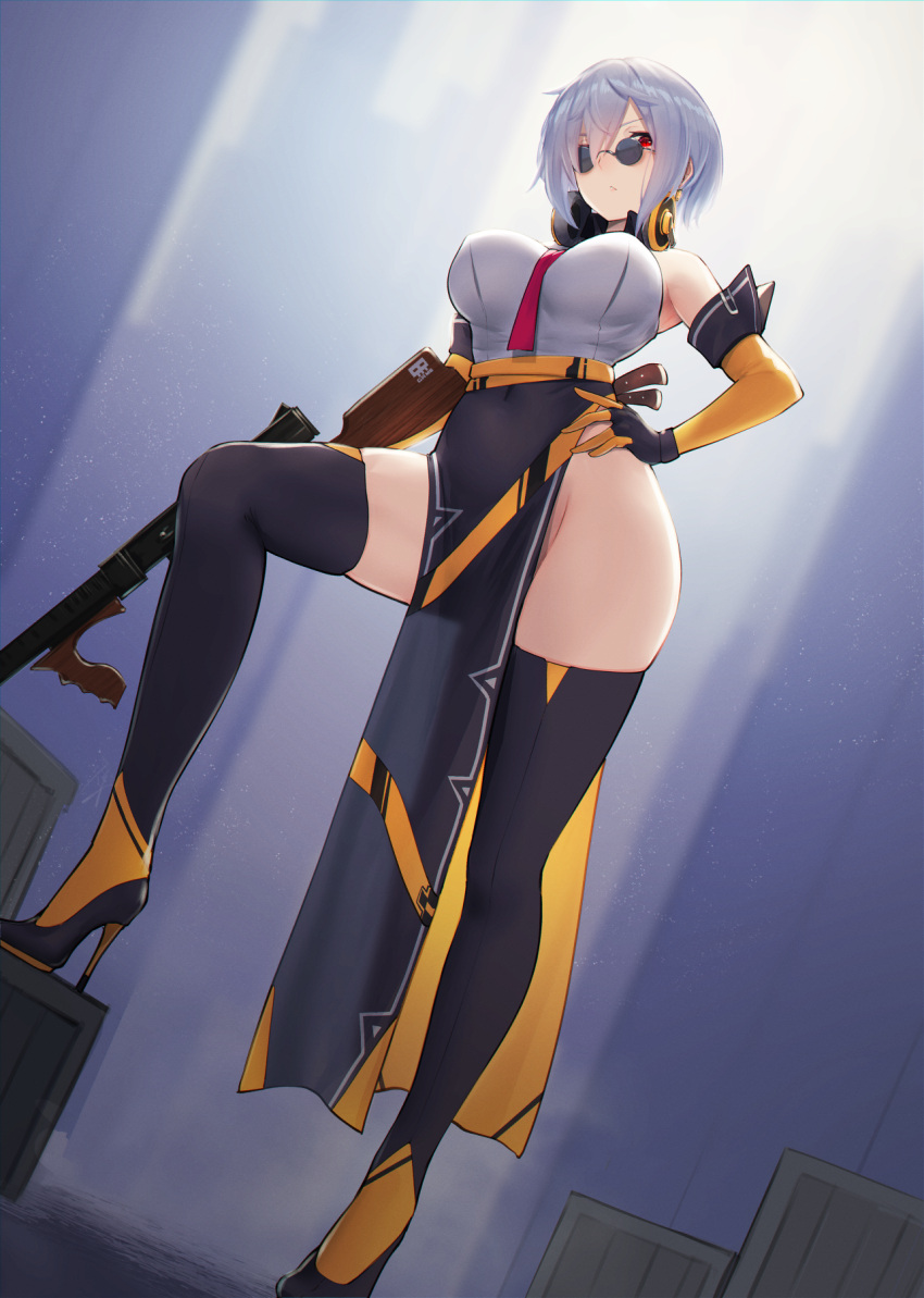 1girl, adapted_costume, bare_shoulders, black_legwear, blush, breasts, commentary_request, detached_sleeves